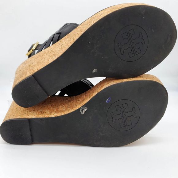 Tory Burch Leslie Black Strappy Cork Wedge Sandals - Picture 8 of 11